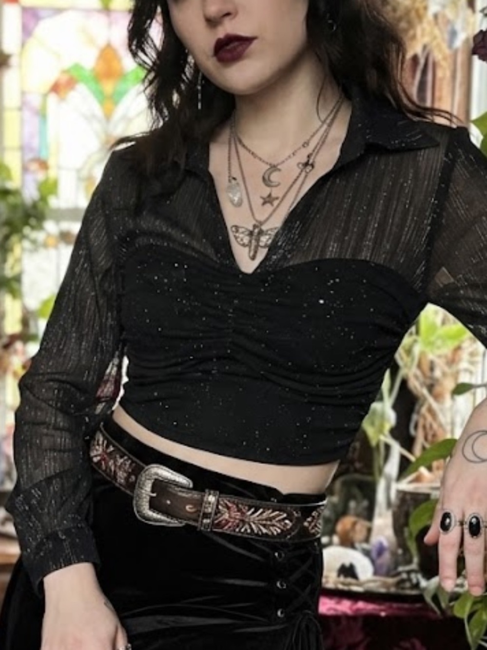 Whimsigoth Black Sparkly Sheer Collar Crop Top Y2K Fairy Grunge corset Blouse S